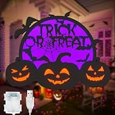 Halloween Pumpkin Lights, LED Connected Jack O Lantern With Light Up Purple Moons, Bat Spider Web & Trick or Treat Wording, USB & Battery Powered With Timer, Halloween Decorations Kids Wall Window Art