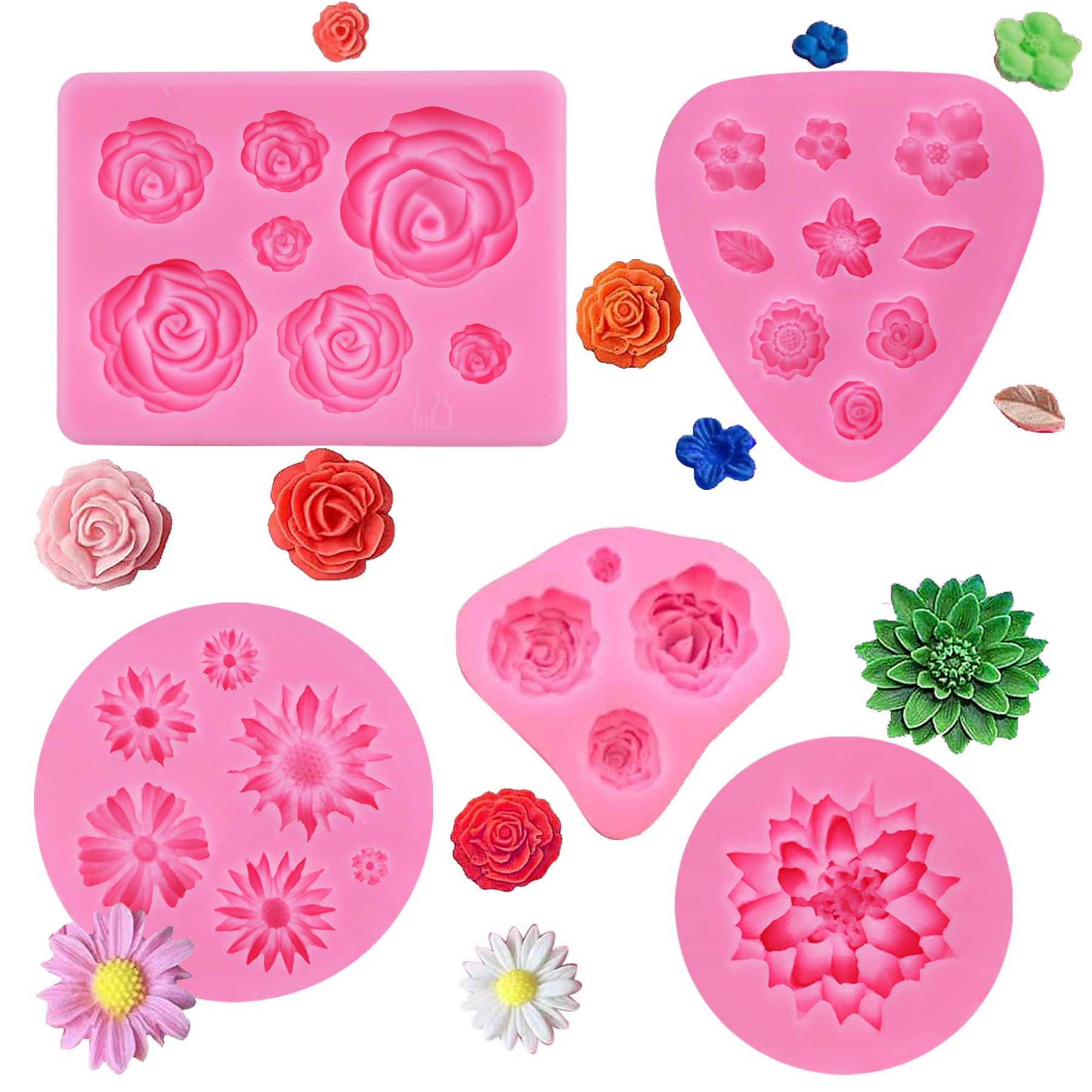 5 PCS Flower Moulds Silicone Fondant Flowers Moulds Chocolate Rose 3D Flower Icing Moulds Mold Daisy Mould for Wax Melts Cake Clay Decorating Baking Soap Candy Jelly Sugarcraft