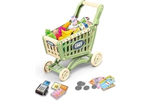 RedCrab Kids Shopping Cart,54pcs Toy Shopping Cart Playset with Food Shop Accessories,Credit Card,Pretend Toddler Shopping Ca