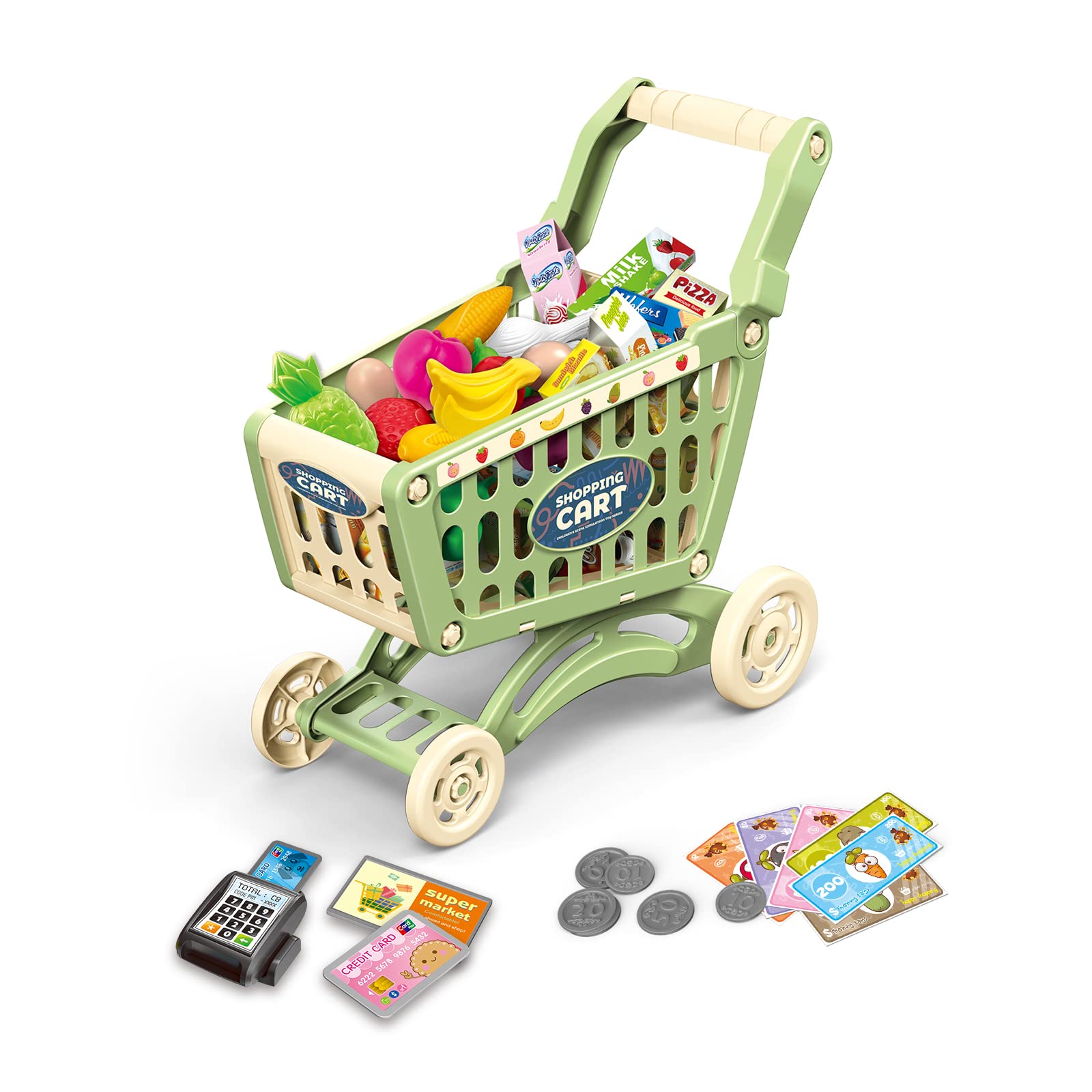 RedCrab Kids Shopping Cart Toy Supermarket 54pcs Playset Included Grocery Cart Toy,Credit Card Pretend Fruit Vegetables Shop Accessories for Boy Girl Kid (Green)