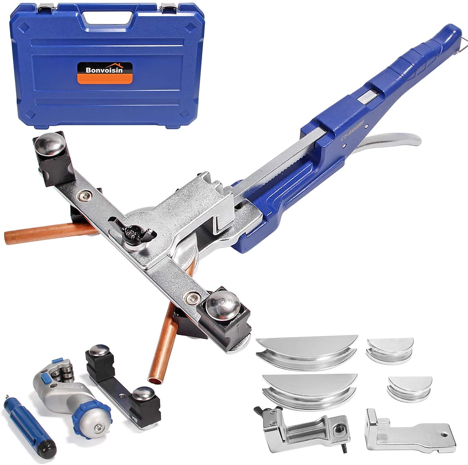 Bonvoisin Manual Tube Bender 10~22mm (3/8’’~7/8’’) Copper Tube Bender 0-90° Bending Range with Tube Cutter and Deburring Reamer (10~22mm Forward and Reverse Bending)