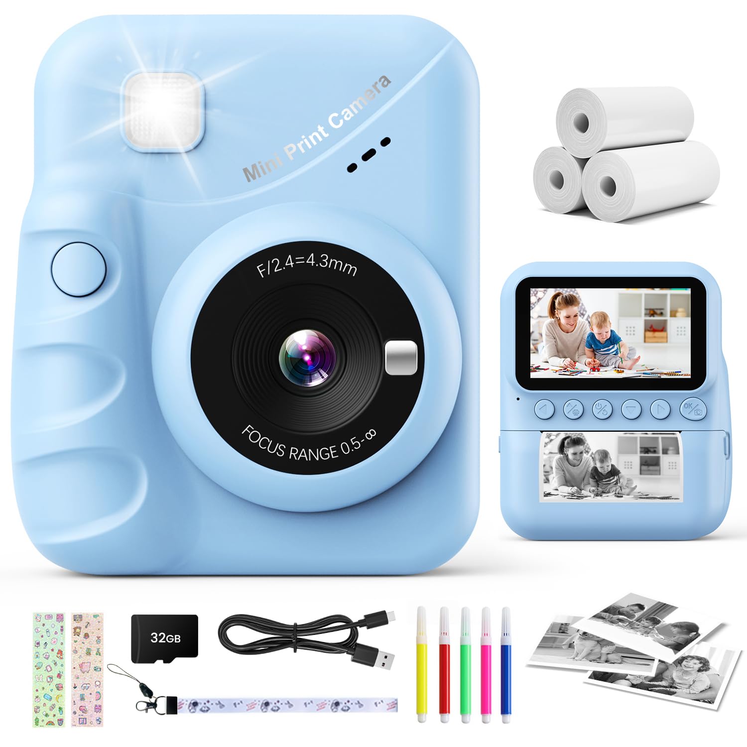 CalineGam Kids Camera Instant Print, 3.0'' Screen 48MP Photo Camera for Kids with 32GB Card & Print Paper, 1080P HD Video Recording, Gift for Boys Girls 3-12 Year Old (Blue)