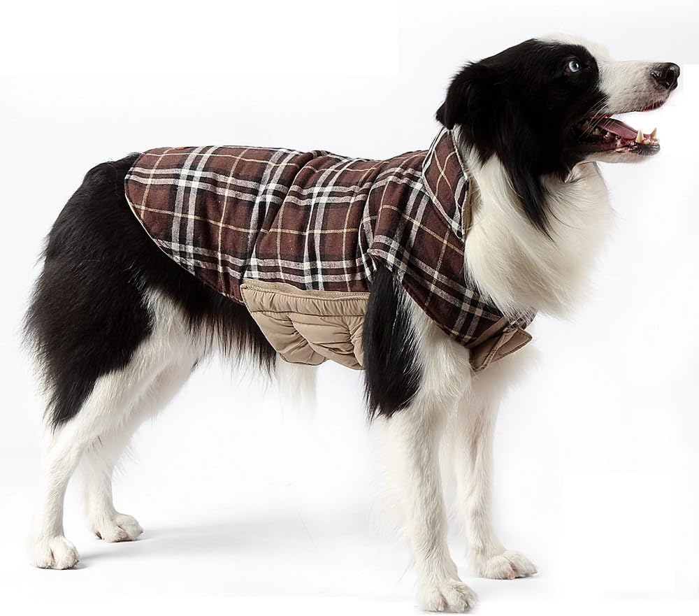 Pet Dog Grid Jacket Coat Winter Warm Plaid Coat harness Waterproof Dog Puffy Jacke-Brown (XL)
