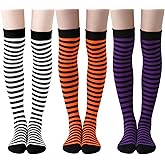 Hftjtsa 3 Pairs Halloween Long Striped Knee High Socks for Women Witches Striped Costume Leggings High Tights Socks