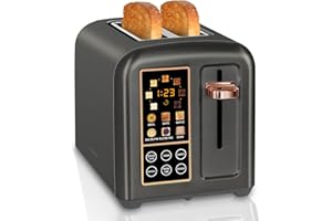 SEEDEEM Toaster 2 Slice, Stainless Toaster LCD Display&Touch Button, 50% Faster Heating Speed, 1.4'' Wide Slots Toaster, 4 Basic+More Timer Functions, Removable Crumb Tray, 1350W, Dark Metallic