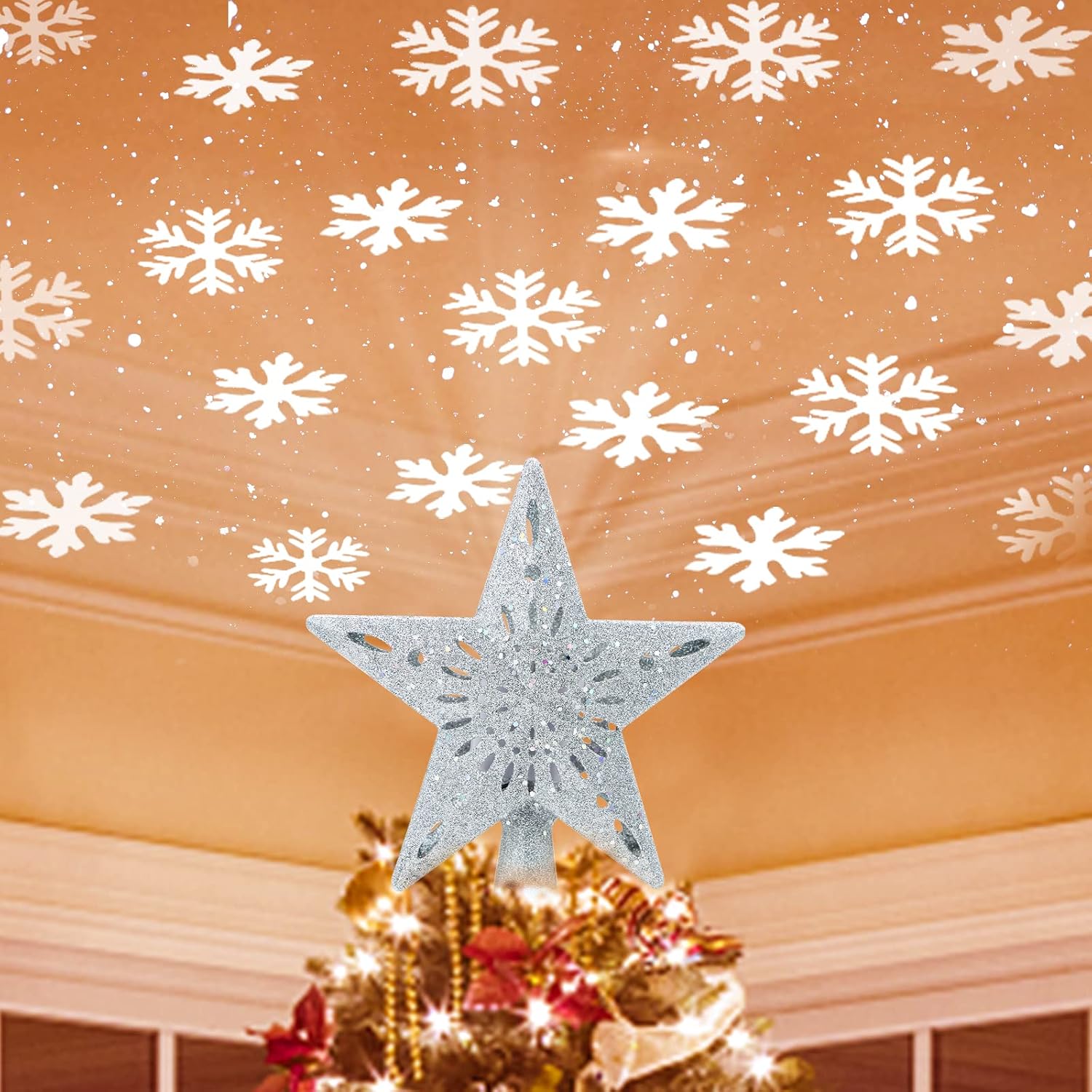 Tree Toppers - Christmas Star Tree Topper with Built-in Led Snowflake Projector Lights, Christmas Decoration, Led Star Tree Topper Projector Lights for Christmas Tree Decorations, Holiday Decoration (Silver)