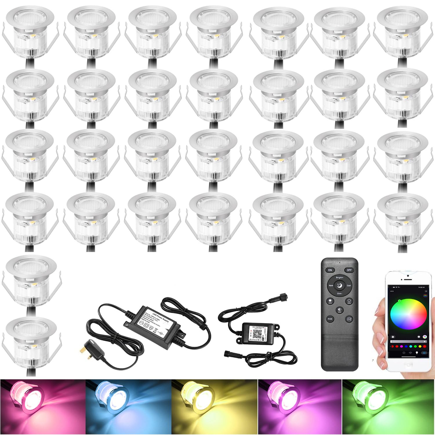 GEYUEYA Home Led Decking Lights RGB Waterproof IP67 Multicolor Ø30MM 12V APP Function LED Deck Lights with Remote Control for Terrace/Patio/Path -30 Packs