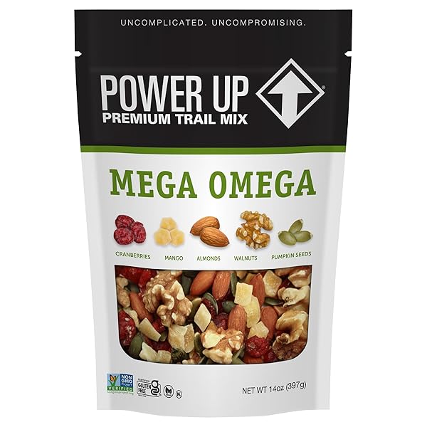 POWER UP TRAIL MIX, MEGA OMEGA TRAIL MIX, NON-GMO, VEGAN, GLUTEN FREE, NO ARTIFICIAL INGREDIENTS, GOURMET NUT, 14 OUNCE BAG