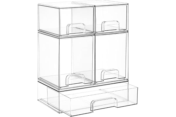 Vtopmart Stackable Storage Drawers Set of 5, 12" Wide and 4.4''&7.6'' High Clear Plastic Organizer Bins for Beauty Supplies,I