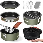 Odoland 10pcs Camping Cookware Non-Stick Camping Pot and Pan Set with Plate Bowl Fork Knife Spoon for Backpacking, Hiking, Outdoor Cooking and Picnic