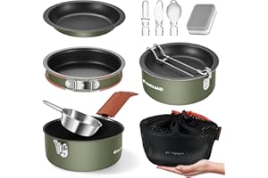 Odoland 10pcs Non-Stick Coating Camping Cookware Mess Kit, Lightweight Cooking Set with Plate Bowl Forks Knives Spoons - Perf