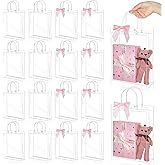 Kolldenn 12 Pcs Clear Plastic Gift Bags with Handles, 9.84'' x 7.87''x 2.76'', Reusable Party Favor Bags with Ribbon Bows Transparent Gift Wrap Bulk for Weddings Birthdays Baby Shower(Pink)