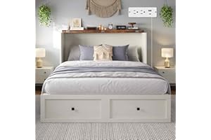 LUXOAK Queen Size Murphy Bed with Charging Station, Cabinet Bed with Large Storage Drawer for Home Office or Small Room, Hideaway Bed Full Foldable Platform Bed, Barnwood+White