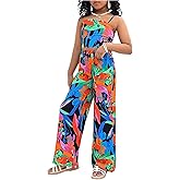 Floerns Girl's 2 Piece Outfit Hawaiian Tropical Crop Cami Tops and Boho Pants Set