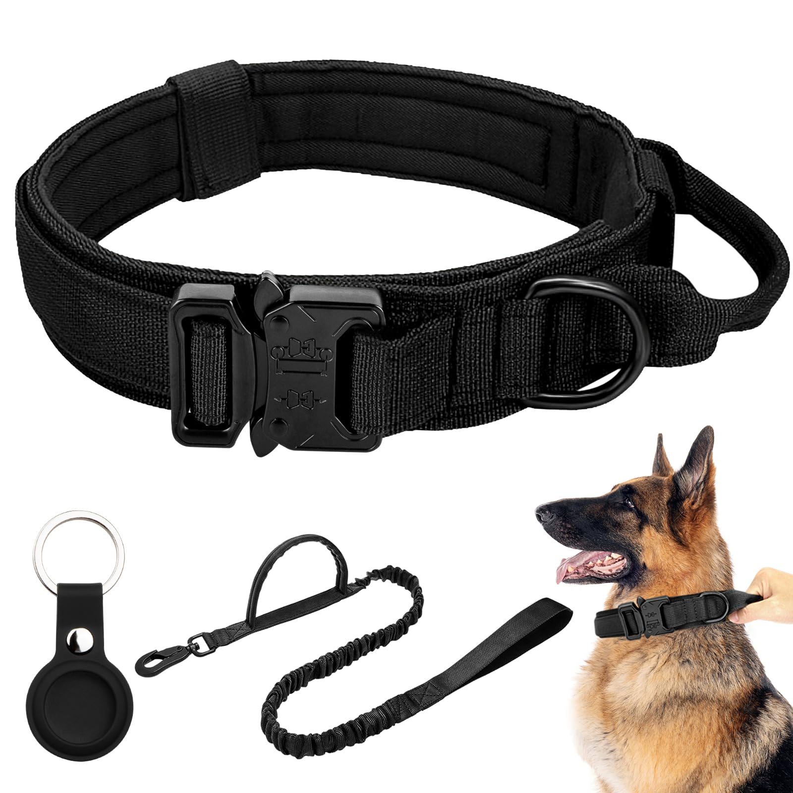 Photo 1 of Tactical Military Dog Collar - Adjustable Nylon with Control Handle & Heavy Metal Buckle for Medium & Large Dogs - Airtag Case (L, Black)