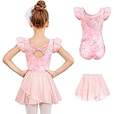 Zaclotre Girls Ballet Leotards Toddler Ruffle Sleeve Bow Back Dance Outfits Leotard with Removable Shinny Skirt Combo