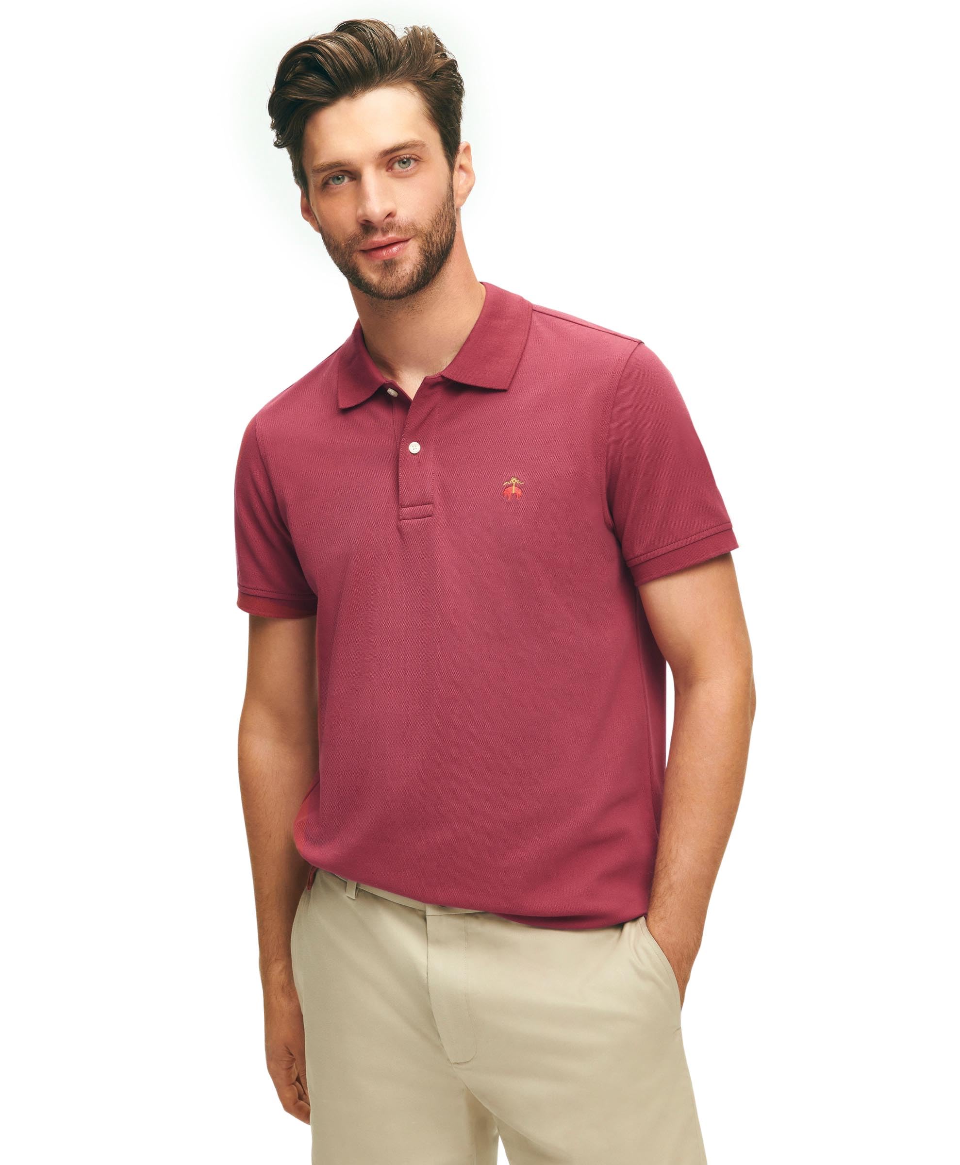 Photo 1 of PERFORMAX Men's Regular Fit Cotton Pique Stretch Logo Short Sleeve Polo Shirt, Maroon, SMALL