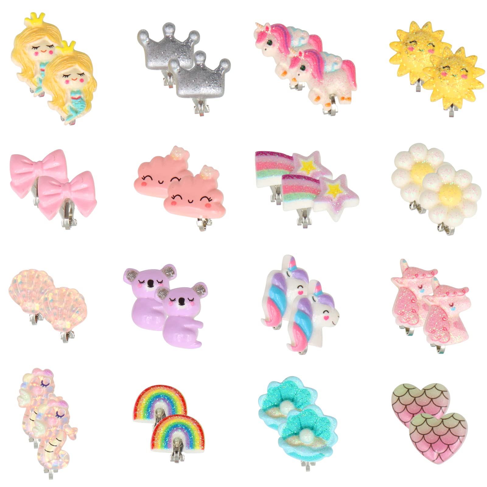 16 Pairs Kids Clip On Earrings for Girls, VEGCOO Cute Clip On Earring Princess Play Earring Jewelry Dress Up Ear Rings, Clip-on Earrings Set for Kids Girls Birthday Gifts