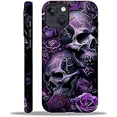 Punmada for iPhone 13/14 Case,Purple Skull Rose Pattern for Girl Women Boy Hard Hybrid Shell Shockproof Silicone Full Body Protective Case for iPhone 13/14
