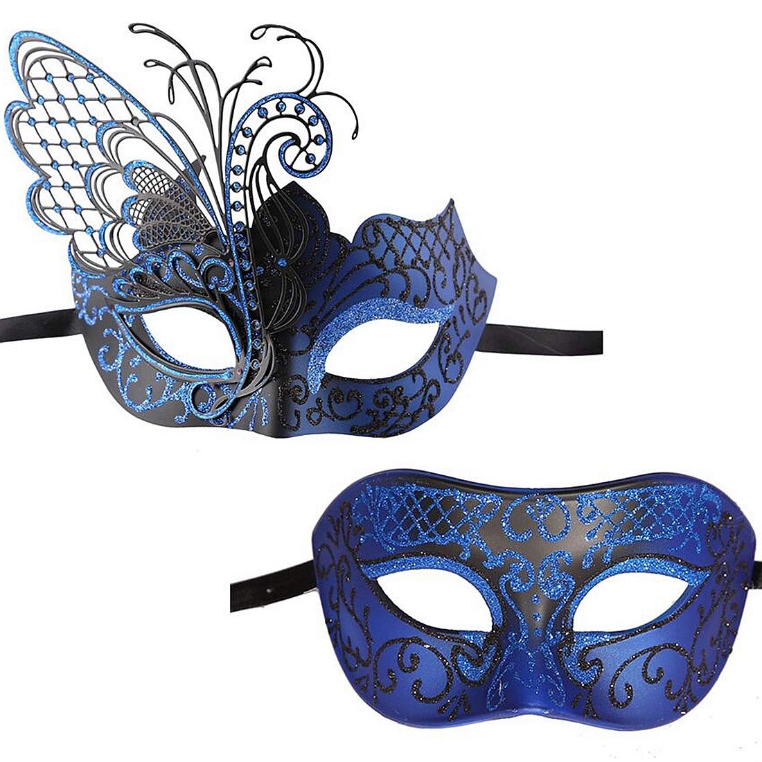 XVEVINA Couples Pair Mardi Gras Venetian Masquerade Masks Set Party Costume Accessory (Blue Black Couples)