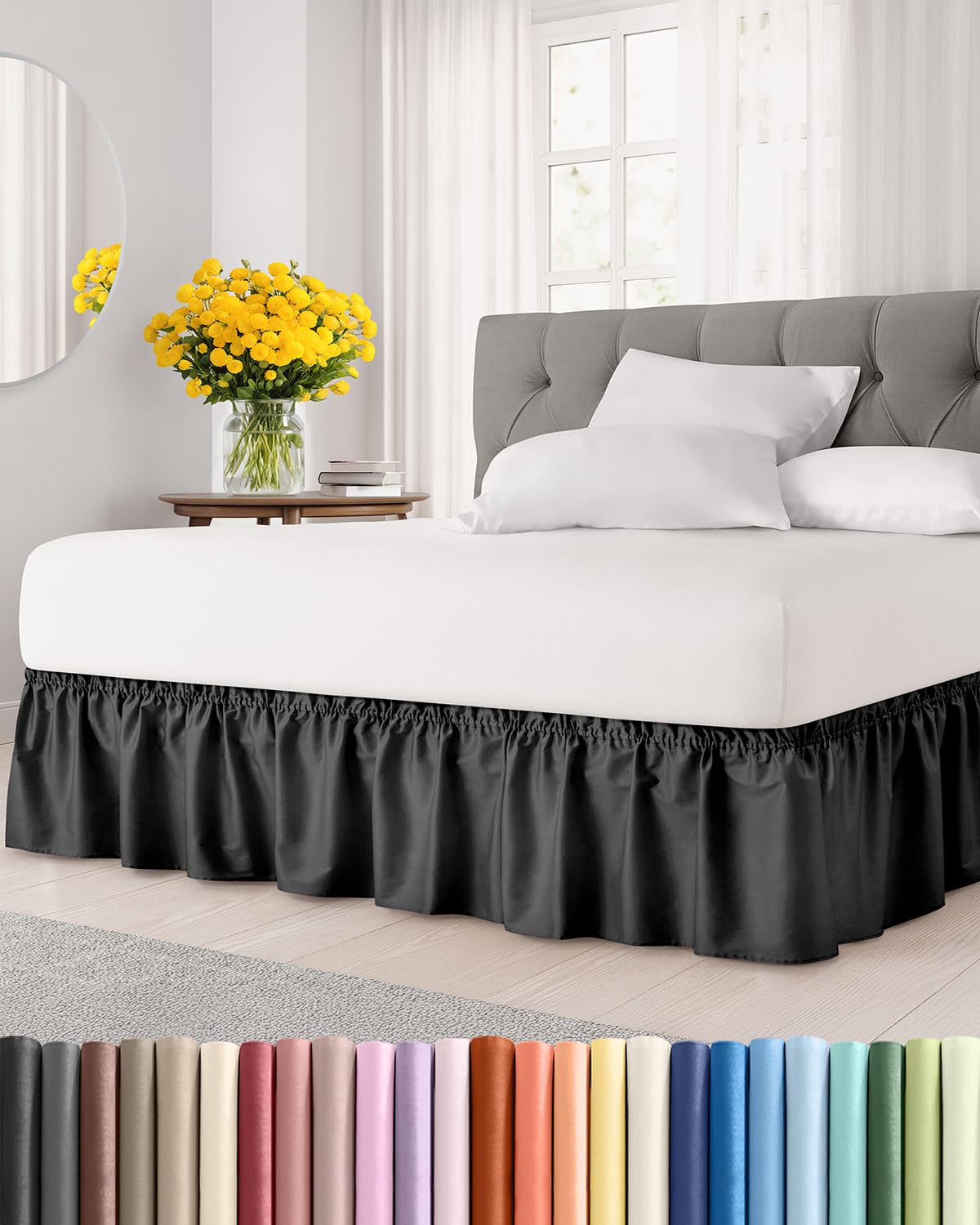 Photo 1 of Wrap Around Dust Ruffle Bed Skirt - Black - for Queen Size Beds with 12 Inch Drop - Easy Fit Elastic Strap - Adjustable Pleated Bedskirt w/Brushed Fabric - Wrinkle Free - for Women, Men, Kids & Teens