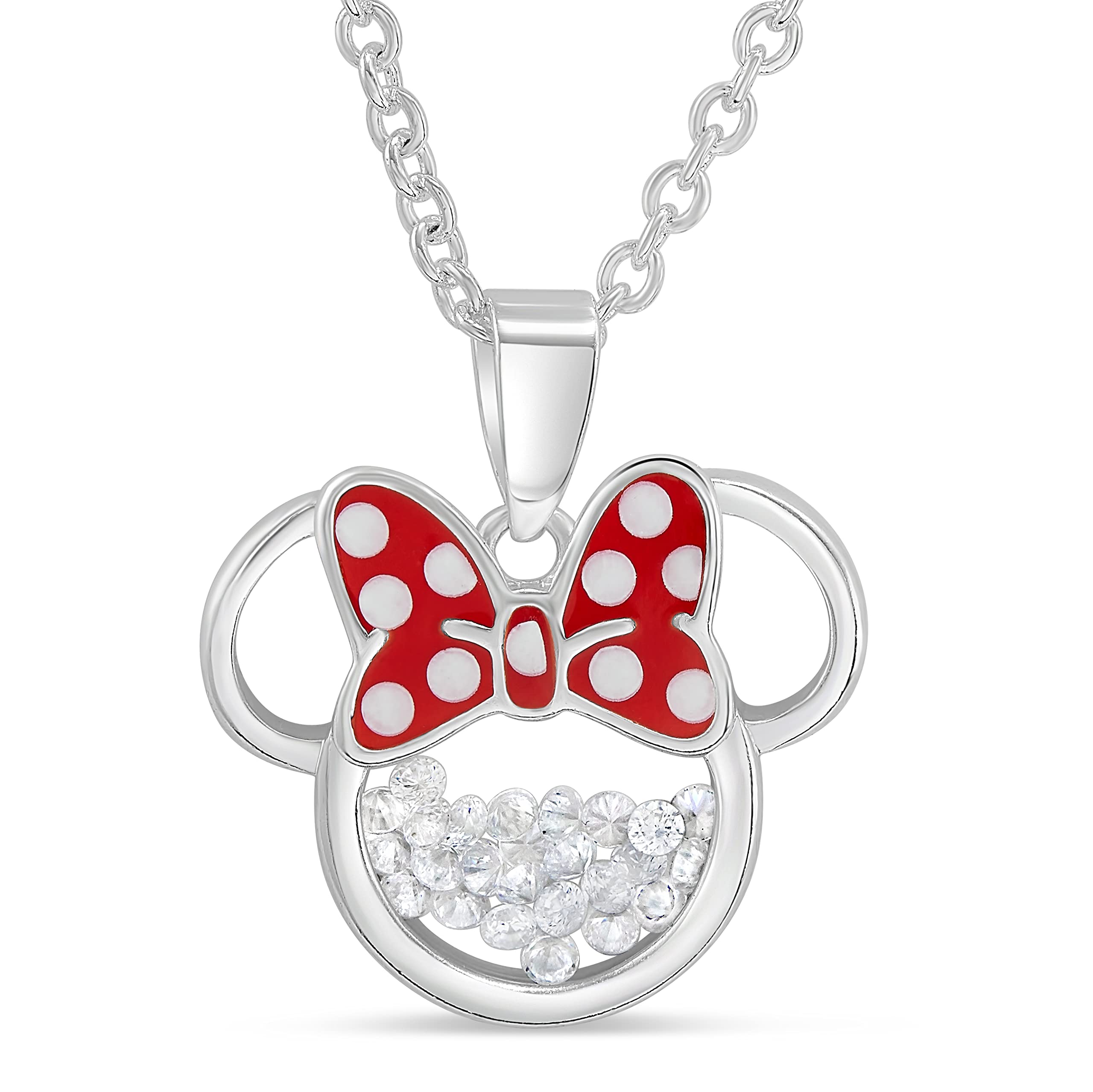 Disney Birthstone Women Jewelry Minnie Mouse Silver Plated April Clear Cubic Zirconia Shaker Pendant Necklace, 18+2