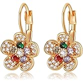 Austrian Crystal Flower Drop Leverback Earrings for Women 14K Gold Plated Hypoallergenic Jewelry