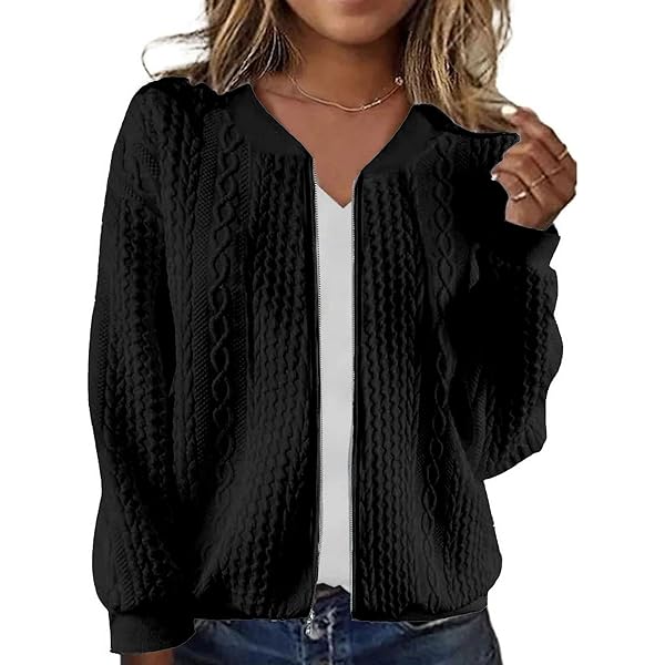 Women's Full Zip up Cardigan Sweater Cable Cardigan Bomber Jackets