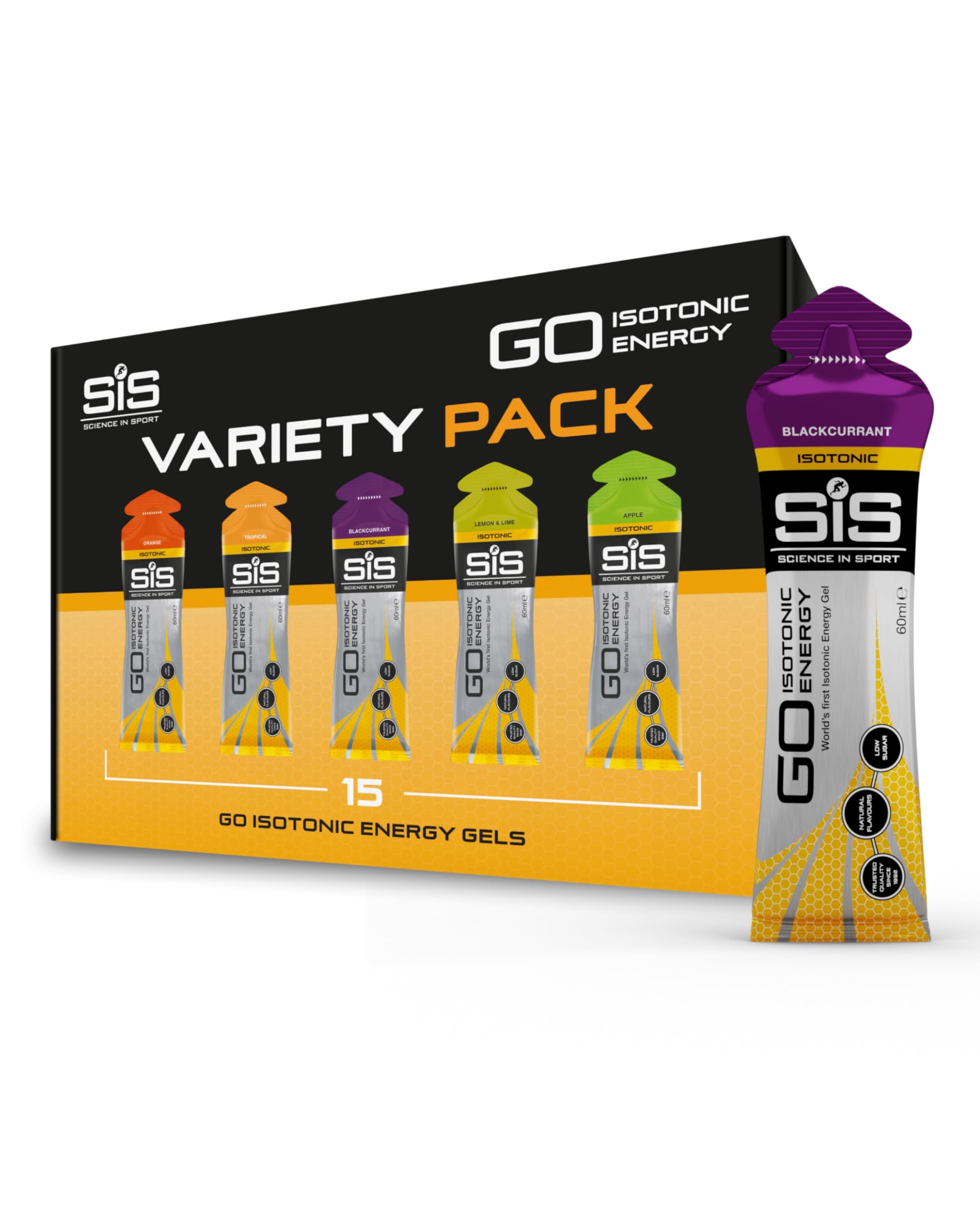 Science In Sport GO Isotonic Energy Gels, Running Gels with 22g Carbohydrates, Low Sugar, Variety Pack of Assorted Flavours, 60ml Per Serving (15 Pack)