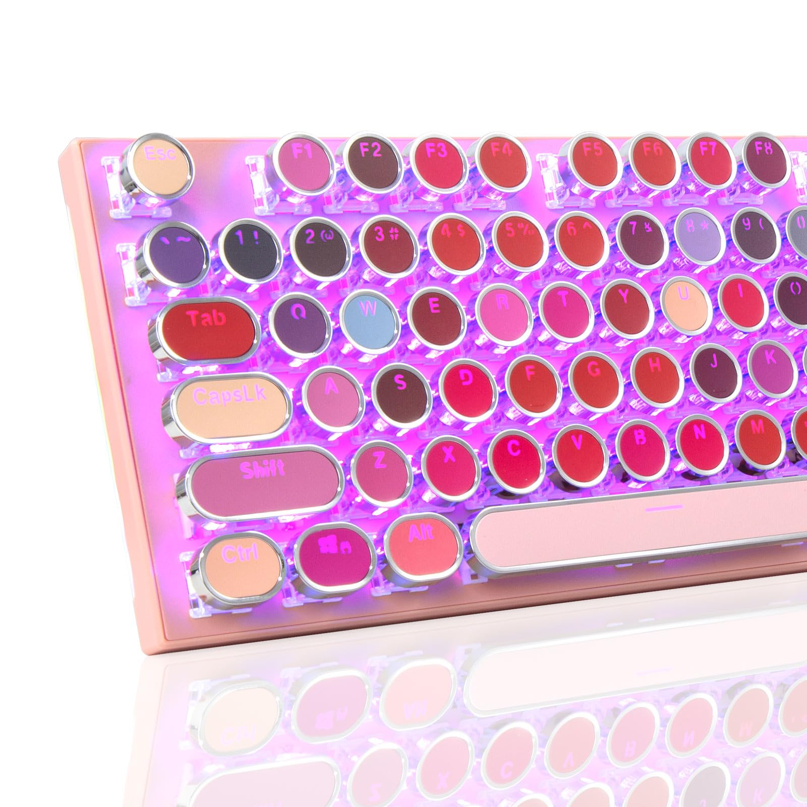 HUO JI Mechanical Gaming Keyboard Typewriter Style with RGB Side Lit and Purple LED Backlit, Retro Style, Blue Switches - Clicky, Metal Panel, Lipstick 104 Keys USB Wired for Mac, PC, Cute Pink