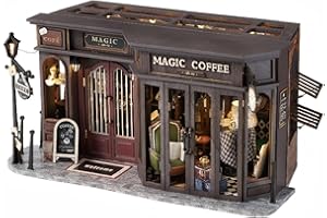 Tissting DIY Miniature House Kit, Dark Brown Vintage Brick Wall Cafe Building Model with LED Lights, Creative DIY Craft