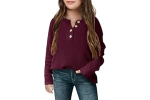 rrhss Girls Waffle Knit Sweaters Trendy Henley Button V Neck Long Sleeve Pullover Jumper Tops