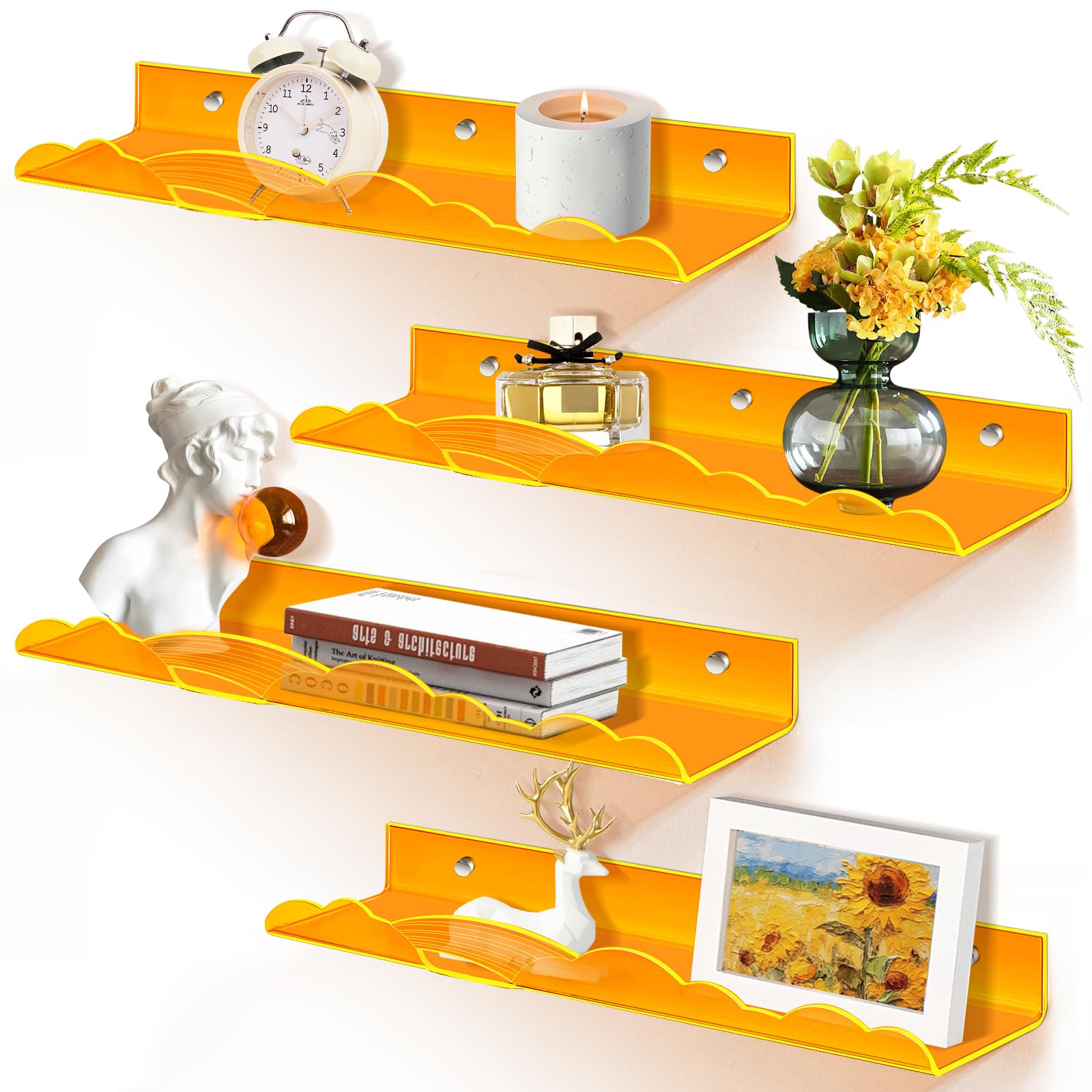 wooshwa Rainbow Acrylic Floating Shelves, 15in Kids Wall Mounted Nursery Bookshelves, Display Ledge for Books Toys Cosmetic Storage, Bathroom Bedroom Living Room Wall Organizer, 4 Pack, Orange
