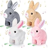 Halloscume 4 Pcs Interactive Bunny Toys for Kids 7" Easter Realistic Hopping Rabbit Plush Stuffed Electronic Walking Barking and Wagging Tail Bunny Toys for Birthday Easter Gift(Long Hair Rabbit)