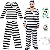 6 Pcs Men Adult Jail Prison Outfit Prisoner Costume Pant Suit Halloween Black White Striped Convict Inmate Uniform