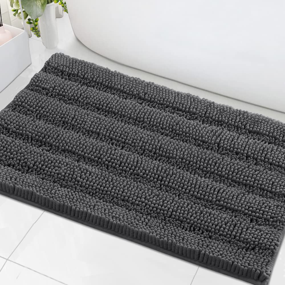 Photo 1 of H.VERSAILTEX Bath Mats for Bathroom Non Slip Extra Thick Chenille Striped Bath Rug 24" x 36" Absorbent Non Skid Fluffy Soft Shaggy Rugs Washable Dry Fast Plush Mats for Indoor, Bath Room, Tub - Grey