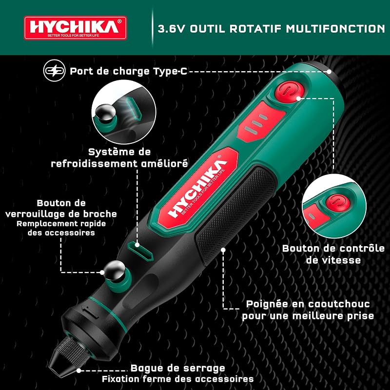 HYCHIKA 3.6V Outil Rotatif Multifonction Sans Fil, 89 Pièces Accessoires pour Perçage, Ponçage, Polissage, Gravure, Mini Perceuse Sans Fil à Vitesse Variable et Chargeur Type-C, Idéal pour DIY projet.