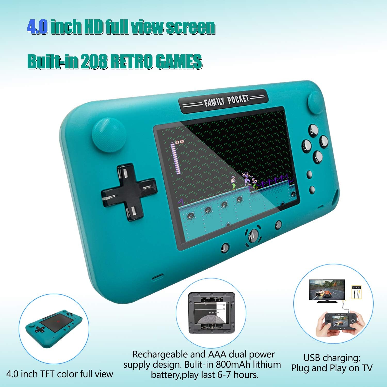 EASEGMER Handheld Game Console, Portable Game Player Built-in 208 Classic Games 4 Inch Retro Gaming System, Support TV/AV 12 Bit Rechargeable Video Game Console, Best Gift for Kids and Adults (Blue): Toys & Games