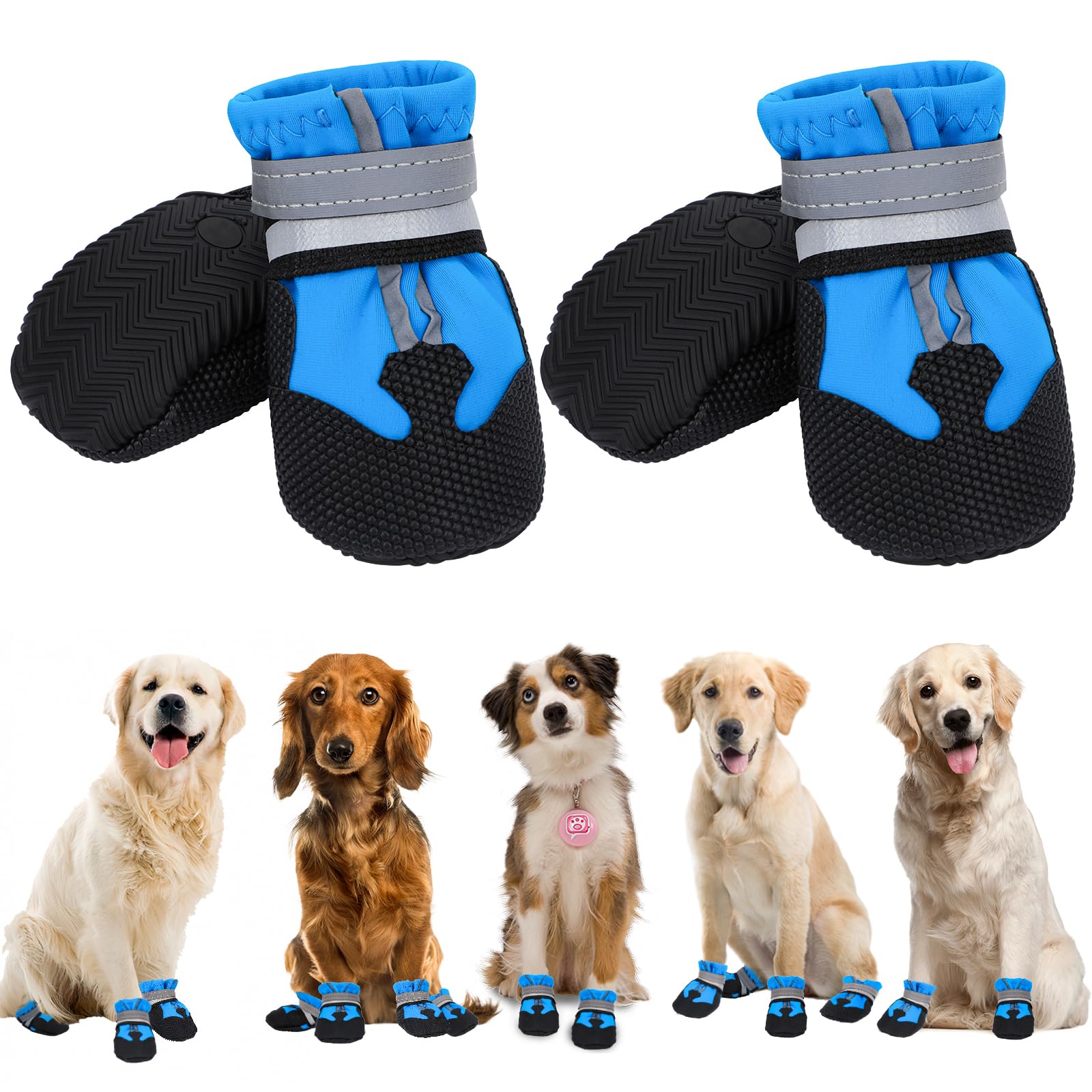 QKURT 4 Pieces Dog Boots Paw Protector, Waterproof Dog Shoes with Reflective Straps, Adjustable Washable Non-Slip, for Injured Paws, Outdoor Paw Protectors for Small Medium Large Dogs — image 1