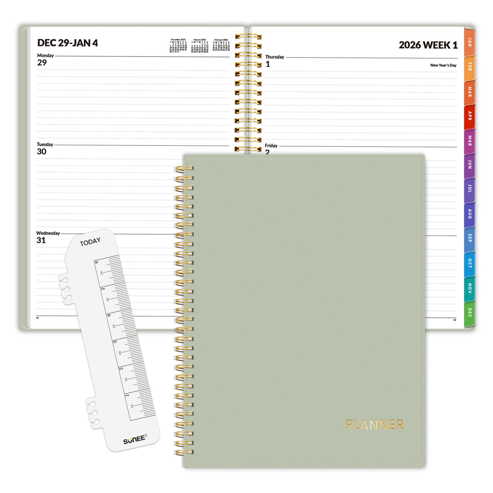 Photo 1 of SUNEE 2026 Weekly and Monthly Planner - from January 2026 - December 2026, 8.5"x11" Daily Agenda Planner with Monthly Tab, Flexible Cover, Note Pages, Pockets, Bookmark, Spiral Binding, Sage Green