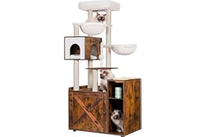 Hey-brother Cat Tree with Litter Box Enclosure, Modern Cat Tower for Indoor Cats with Large Platform, Condo Food Station and 2 Hammocks, All-in-one Cat Furniture, Wood Rustic Brown MPJ115SR