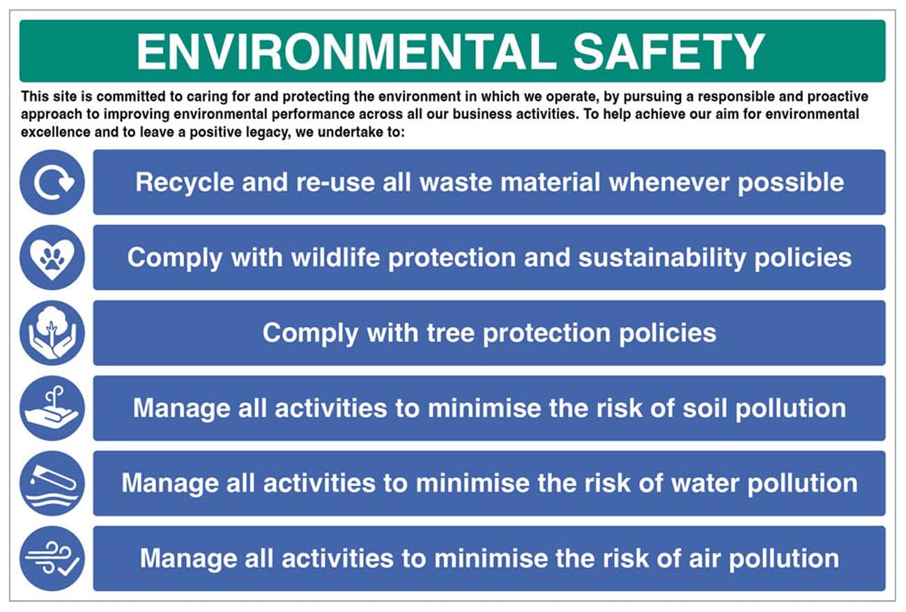 Environmental Site Safety Board: Re-use & recycle all waste material where possible and minimise the impact to the environment (semi rigid pvc safety sign)