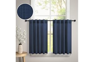 DANCURTON Navy Blue Linen Cafe Kitchen Door Curtains Tier 36 Inch Length Back Tab Pocket Semi Privacy Light Filter Energy Efficient Half Short Bedroom Curtains for Small Window Living Room Dining 3FT Long 30x36