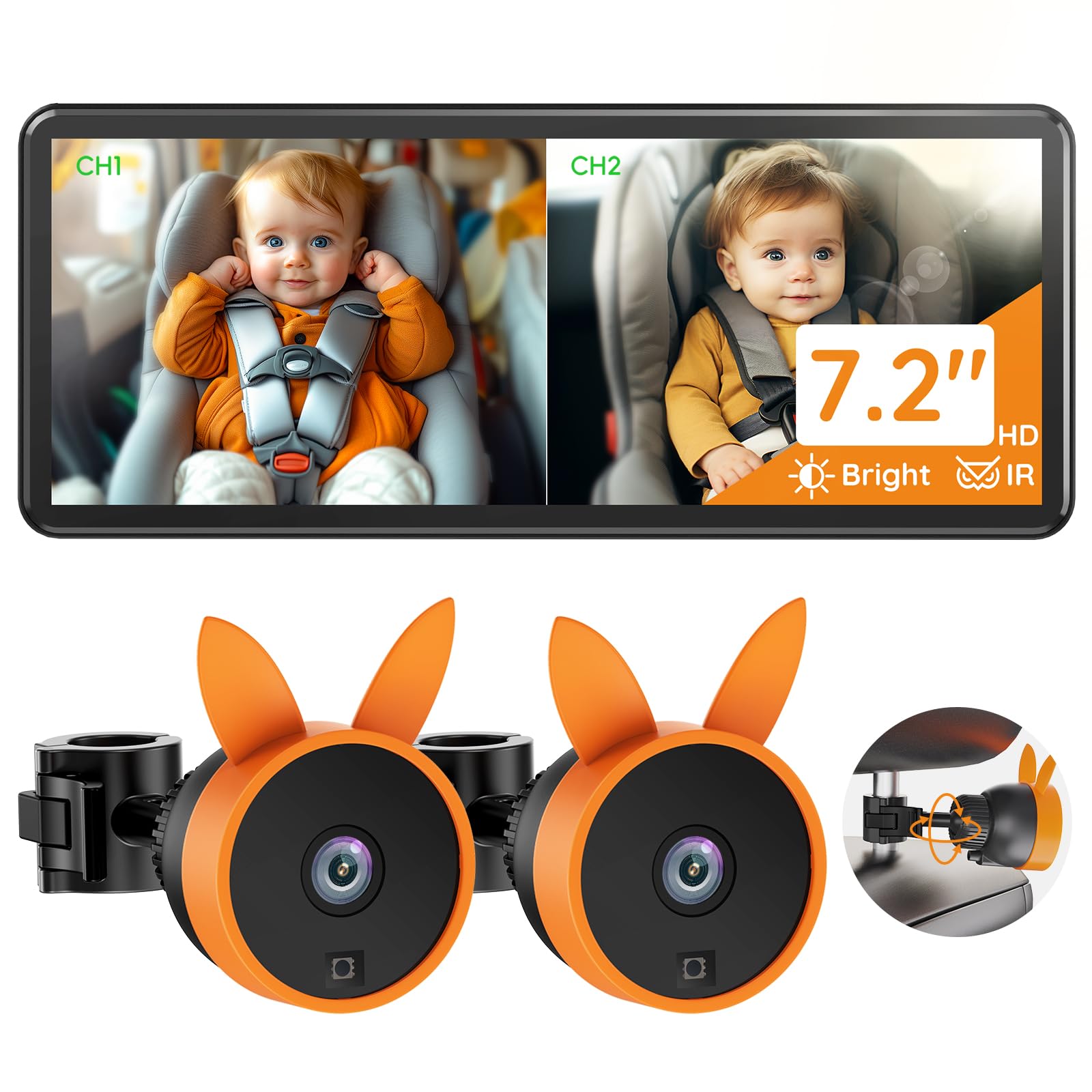 Babyvue BV3 PRO Baby Car Camera for 2 Kids - 7.2
