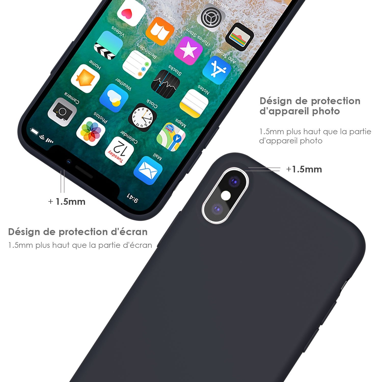 Coque iPhone X / 10 , JASBON Coque Silicone Liquide Anti-rayure avec Protecteur d\'écran Gratuit, Housse Protection Silicone Anti-patinage Gel Case de Style Classique pour iPhone X / 10 – Noir