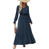 PRETTYGARDEN Women's 2025 Maxi Dress Long Sleeve V Neck Flowy Swiss Dot High Waist Casual A Line Fall Wedding Guest Dresses