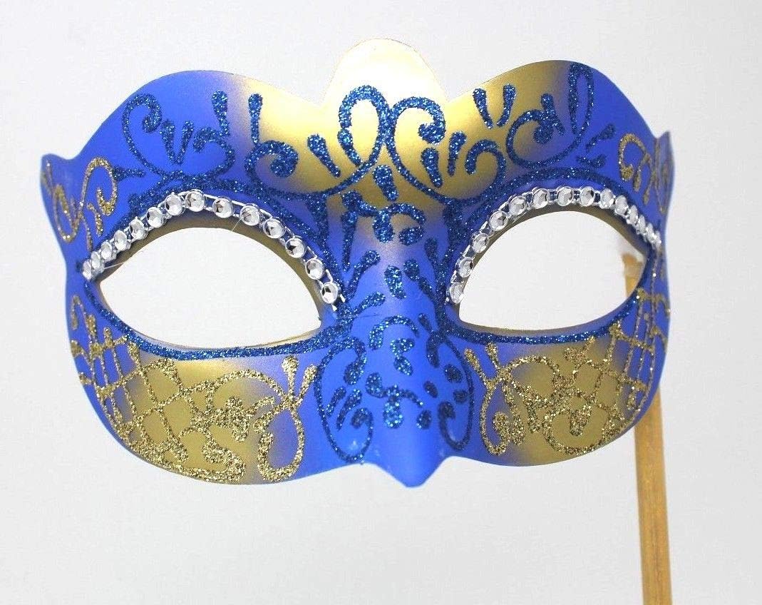 LADIES BLUE & GOLD CRYSTAL JEWELLED EYES VENETIAN MASQUERADE CARNIVAL PARTY EYE BALL MASK ON A STICK, 7cm Deep