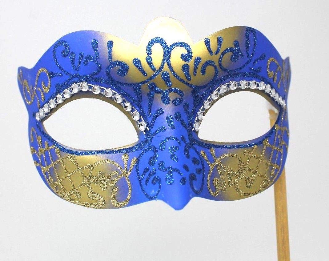LADIES BLUE & GOLD CRYSTAL JEWELLED EYES VENETIAN MASQUERADE CARNIVAL PARTY EYE BALL MASK ON A STICK