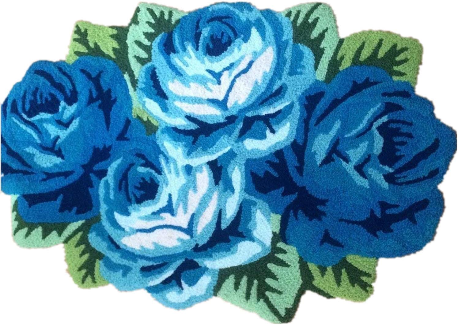 ABREEZERug Runner, 4 Rose Handmade Blue Floral Mat, Modern Carpet, Washable Floor Mat for Bedroom/Sofa/Bathroom, Anti-Slip