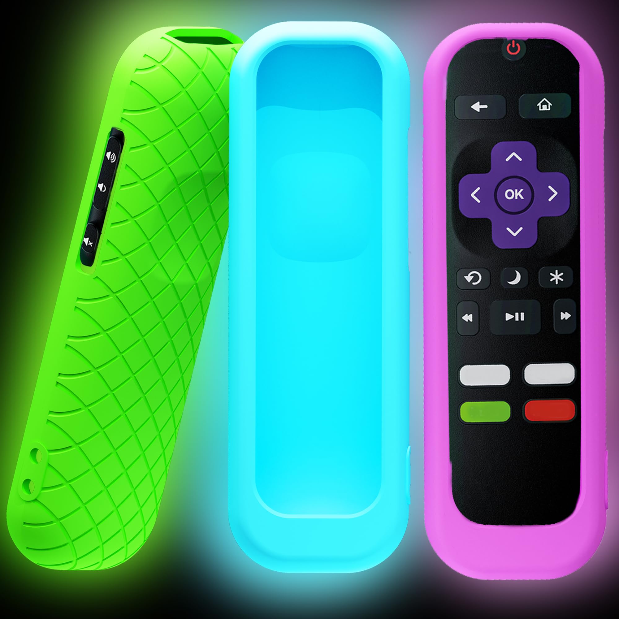 Photo 1 of 3 Pack Remote Cover for Roku TV Remote Control, Battery Cover for TCL Hisense Roku TV Steaming Stick 4k 4K+ Roku Voice Remote, Universal Silicone Sleeve Case with Glow in The Dark (Blue/Green/Purple)